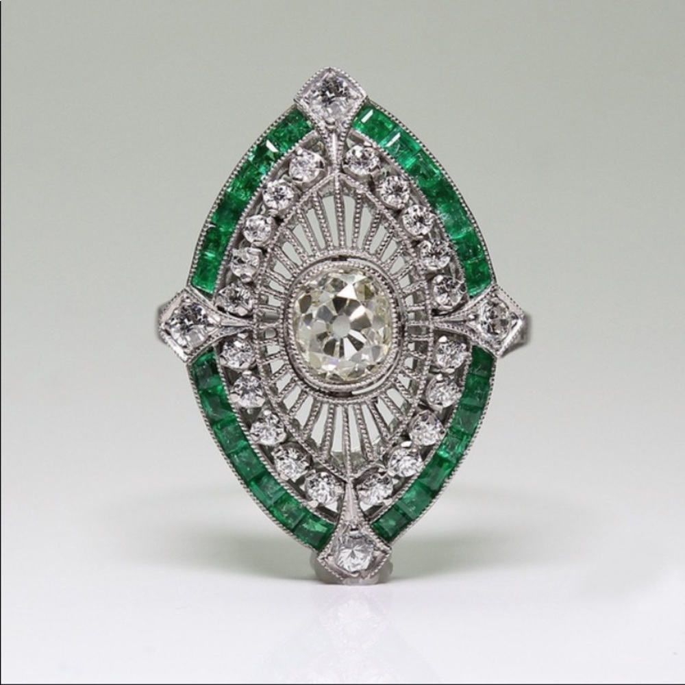 STERLING EMERALD DIAMOND RING - Picture 5 of 9